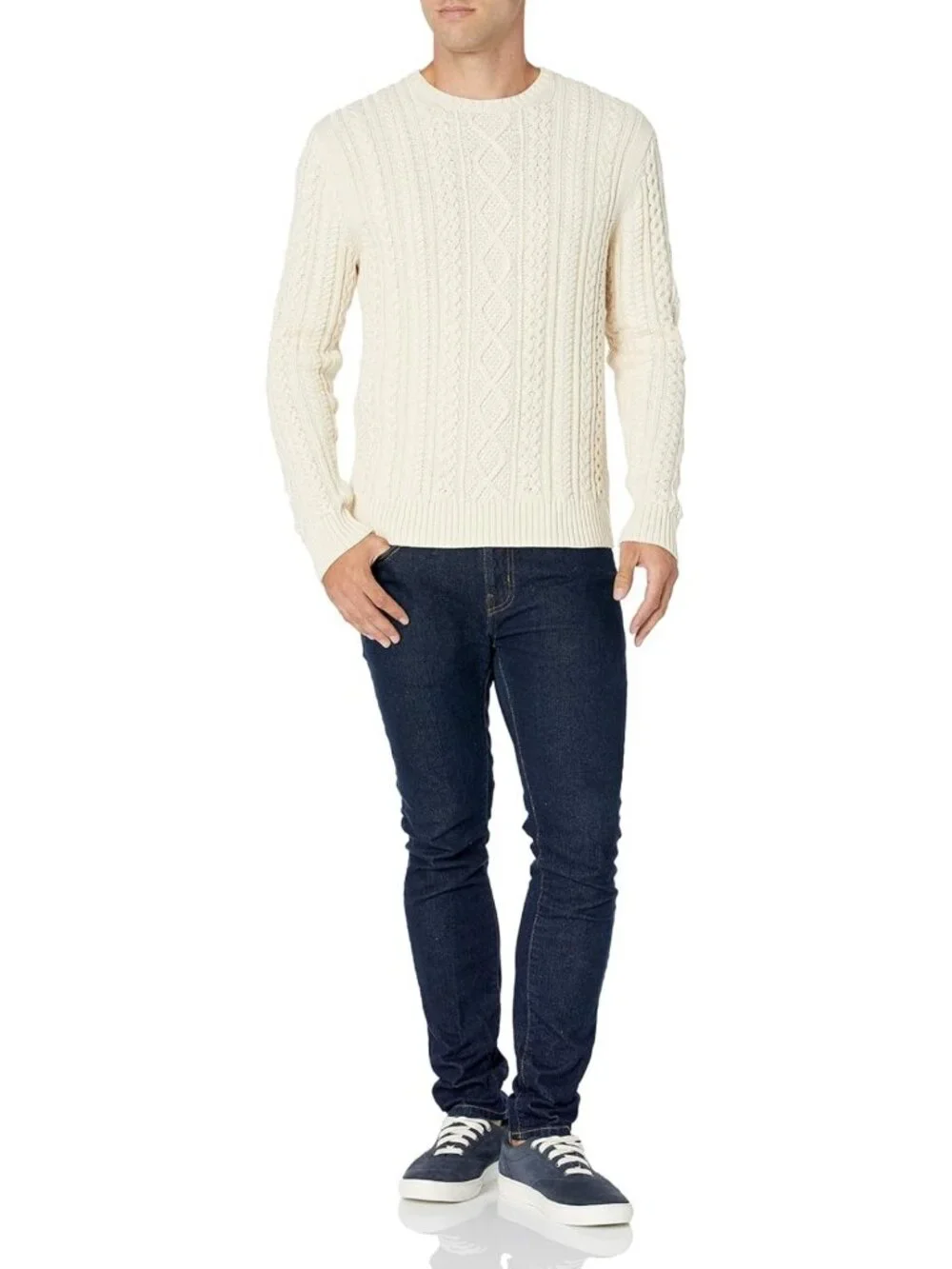 Cozy 100% Cotton Long-Sleeve Fisherman Cable Knit Crewneck Sweater for Men